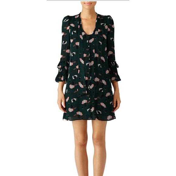 Derek Lam green floral ruffle sleeve silk chiffon button dress Sz 8 Forest Fairy - Picture 1 of 12